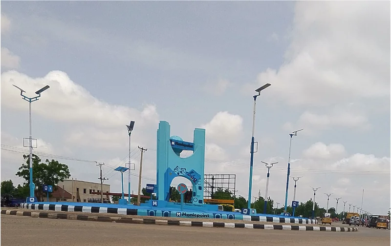 Blue roundabout monument and street in Damaturu, Yobe State
